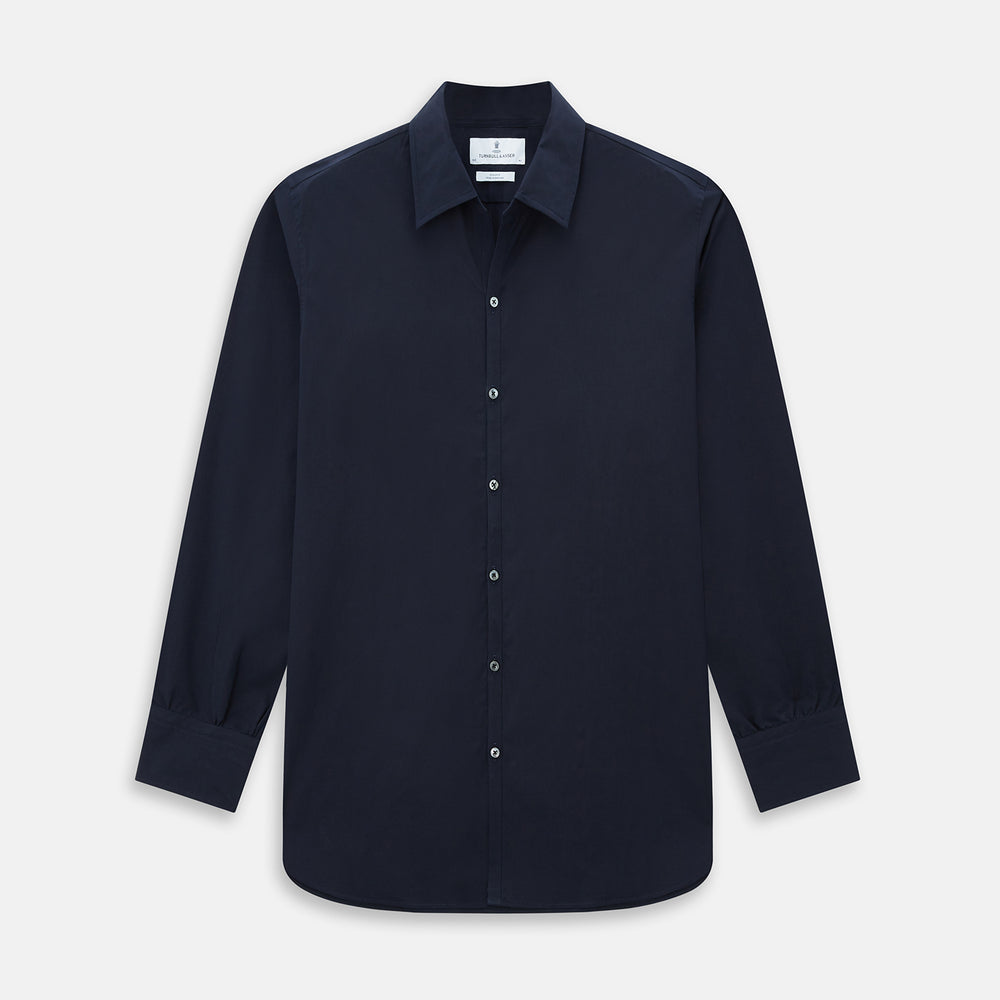 The NAVY BLUE WINDSOR SHIRT by Turnbull & Asser features long sleeves, a classic Windsor collar, white buttons, and buttoned cuffs—highlighting refined British craftsmanship against a plain white background.