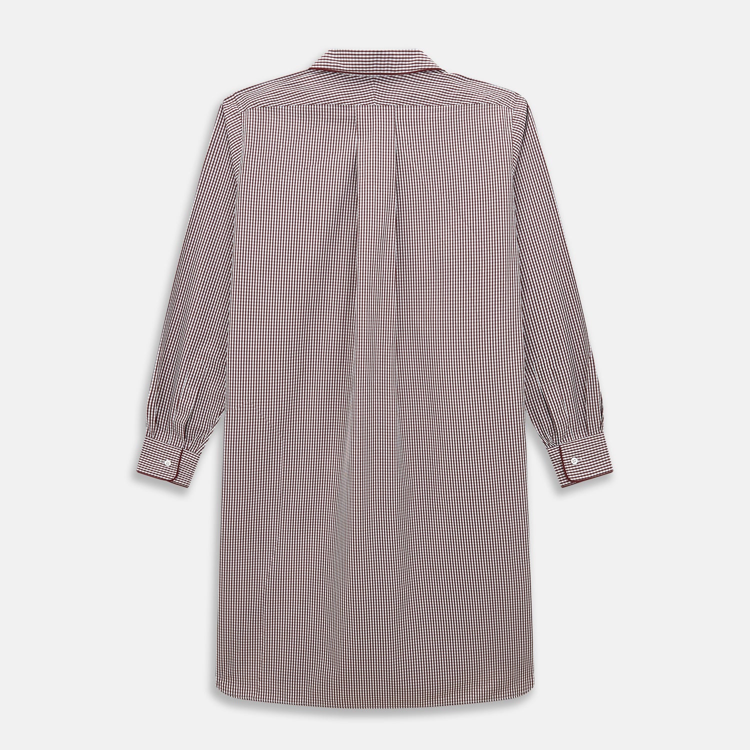 View 3 of product The Turnbull & Asser Burgundy Micro Check Winston Long Nightshirt is knee-length with long sleeves, brown and white micro checks, a collar, chest pocket with piping, and a front button placket.
