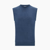 View 4 of product Turnbull & Asser’s Pacific Blue Cashmere Round Neck Vest features a sleeveless design with ribbed collar, armholes, and hem, showcased against a plain white background.