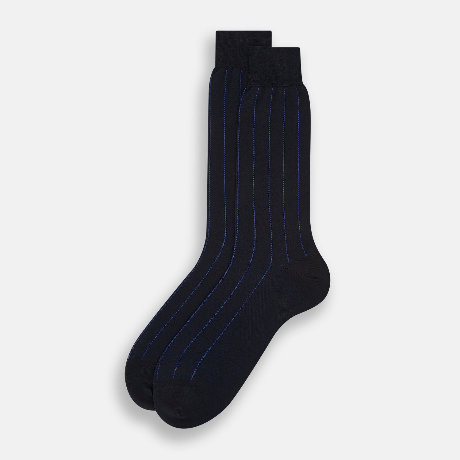 View 2 of product The Azzurro Dash Striped Mid-Length Sock by Turnbull & Asser features a single black sock with thin vertical light blue stripes, displayed on a plain white background. Comfortable mid-calf fit, ideal for everyday wear.