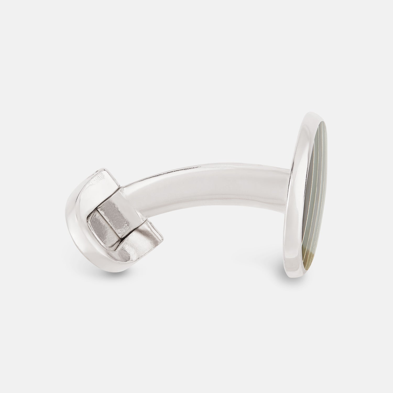 View 2 of product The Forest Green and Navy Striped Oval Enamel Cufflinks by Turnbull & Asser feature artisanal craftsmanship and a bold, masculine design, with elegant stripes set on a classic silver finish against a sophisticated white backdrop.