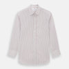 View 1 of product The Turnbull & Asser Red Graph Check Mayfair Shirt features a classic collar and buttoned cuffs, with red and blue stripes on white, ideal for formal wear. Laid flat on a white surface.