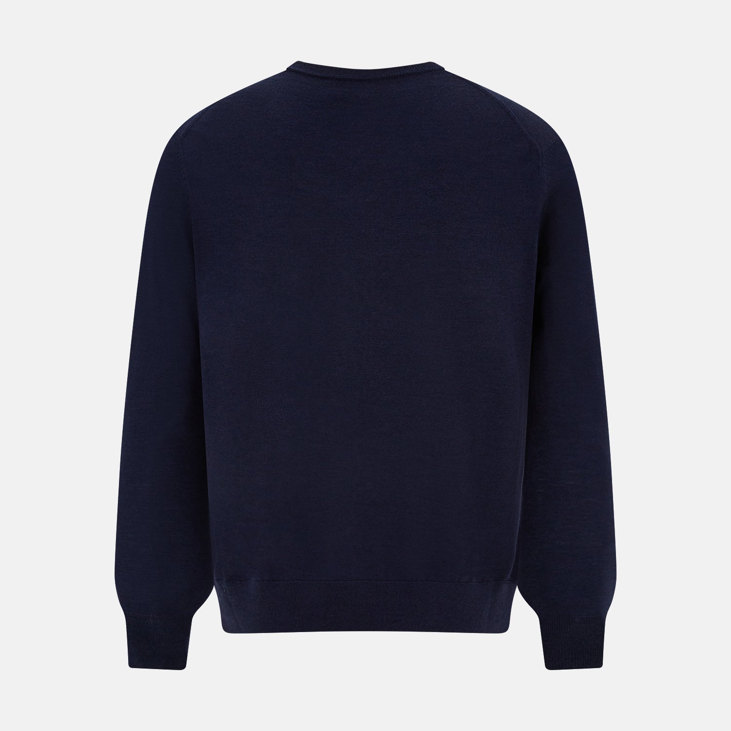 View 8 of product The Turnbull & Asser Navy Fine Merino V-Neck Jumper is displayed against a white background, featuring ribbed cuffs and hem for timeless style in a classic, plain long-sleeve design.