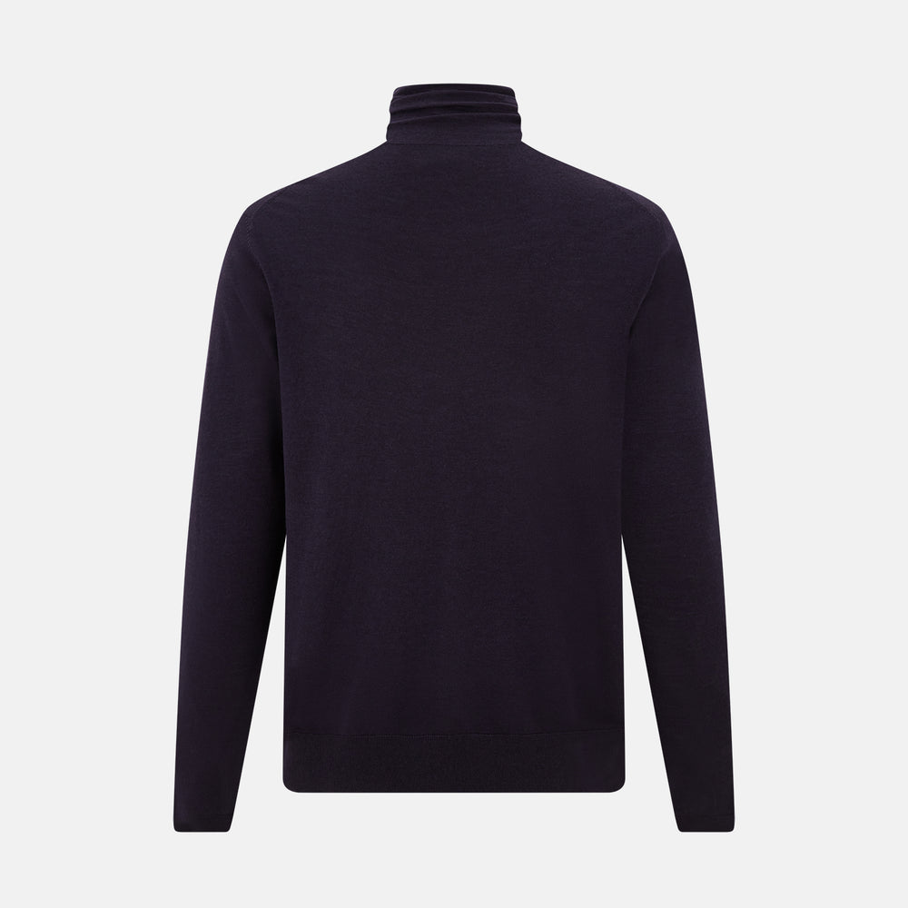 The Turnbull & Asser Dark Purple Fine Merino High Neck Jumper is shown against a white background. This classic sweater features a fitted collar and a simple, timeless design with no visible patterns or logos.