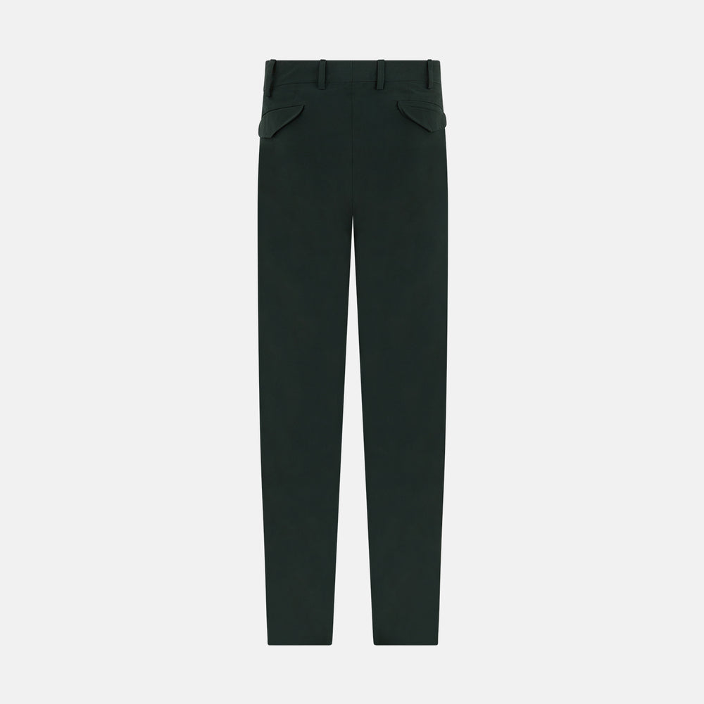The Hunter Green Winston Trousers by Turnbull & Asser are crafted in high-twist cotton with straight legs, belt loops, button closure, and front zipper, shown against a plain light background.
