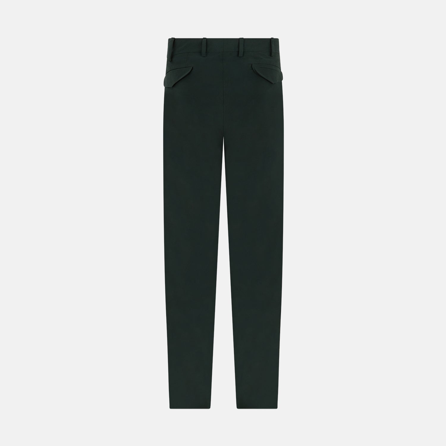 View 11 of product The Hunter Green Winston Trousers by Turnbull & Asser are crafted in high-twist cotton with straight legs, belt loops, button closure, and front zipper, shown against a plain light background.