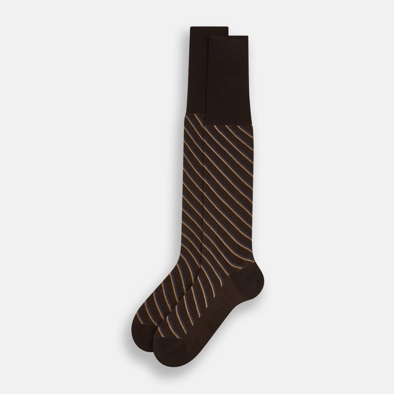View 2 of product A single Turnbull & Asser Dark Chocolate/cream Diagonal Striped Long Sock, knee-high, is displayed against a plain white background.