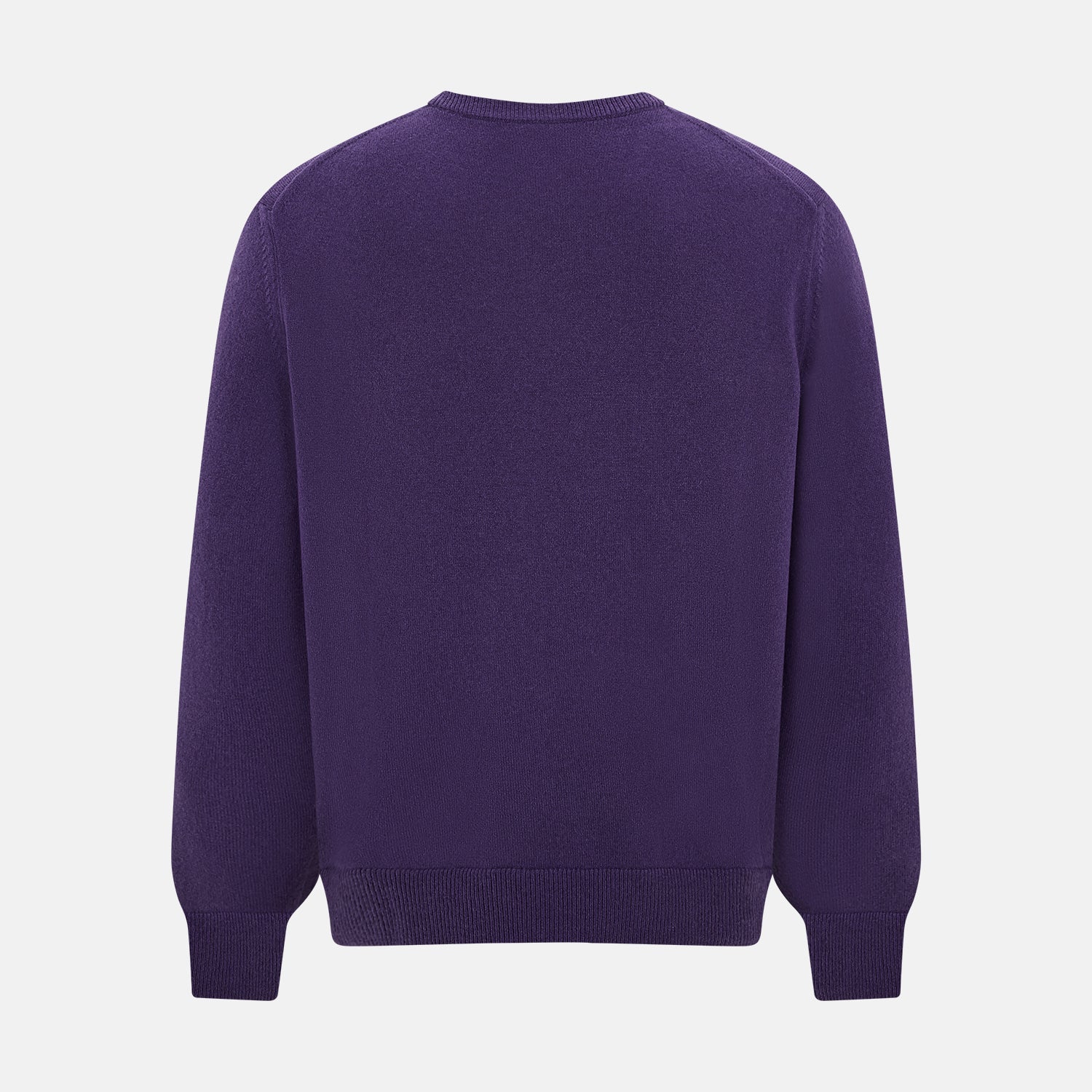 View 8 of product The Turnbull & Asser Purple Cashmere Round Neck Jumper features long sleeves, ribbed cuffs, hem, and collar for an elegant silhouette. This versatile knitwear piece is shown against a white background.