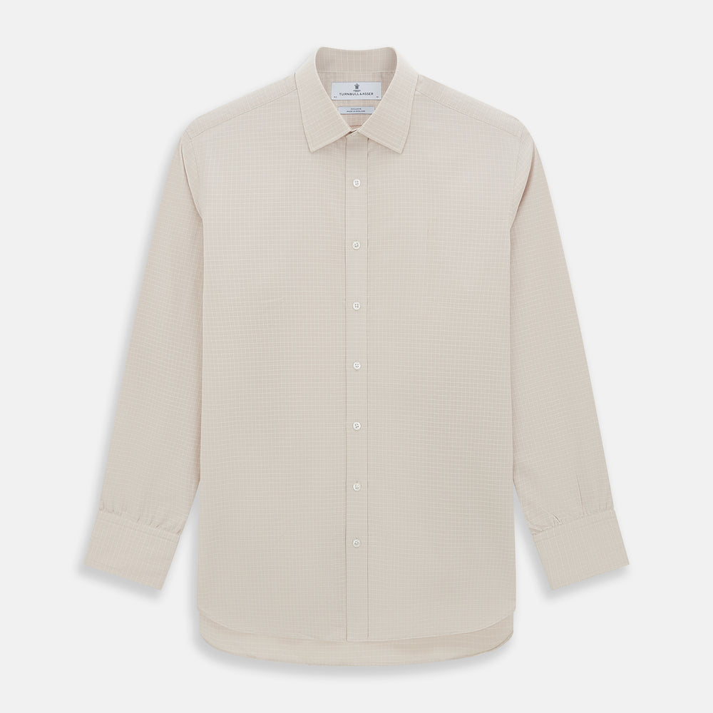 The Turnbull & Asser Pale Pink Fine Check Mayfair Shirt features long sleeves, a collared neckline, buttoned cuffs, and a subtle check pattern in sanforised cotton, displayed against a white background.