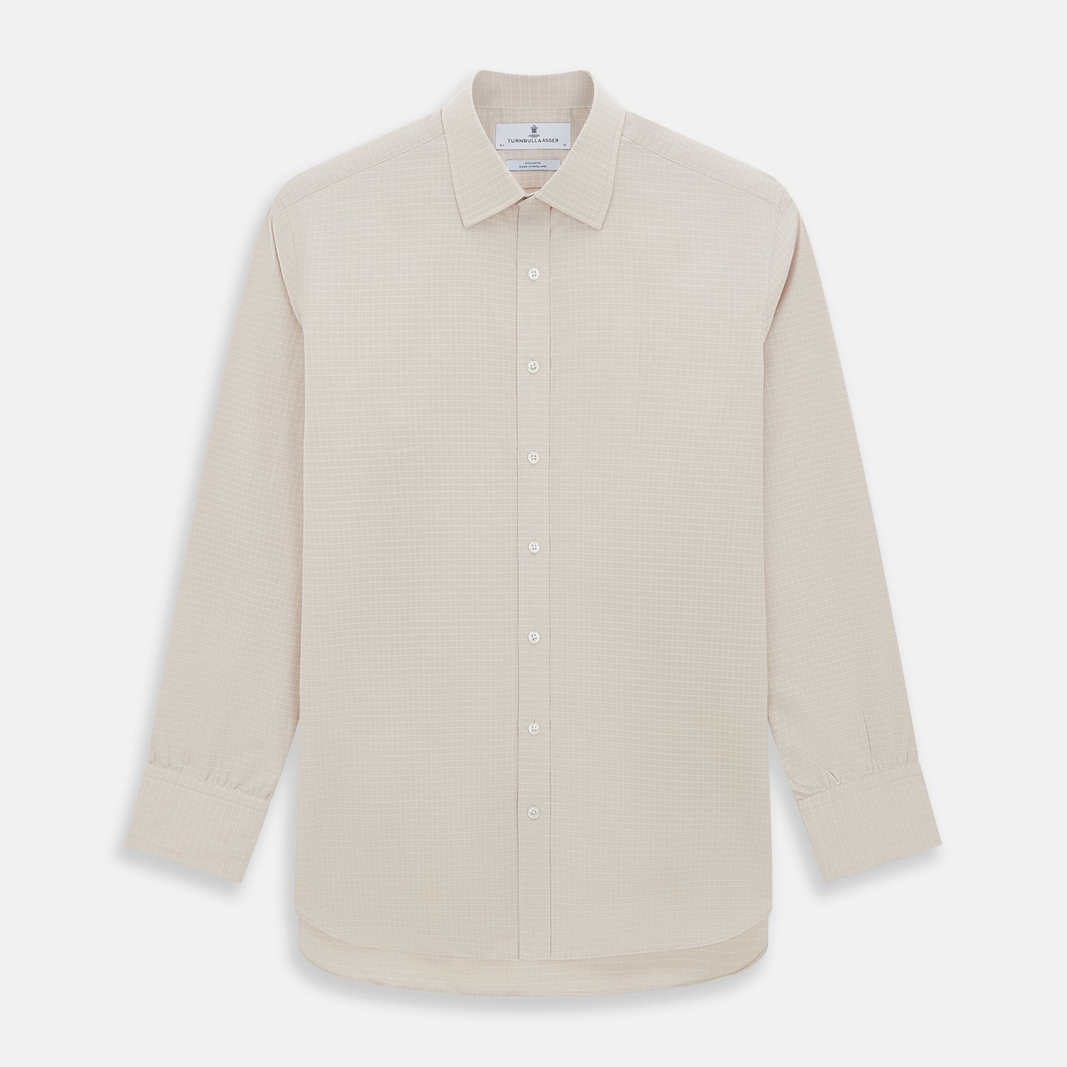 View 1 of product The Turnbull & Asser Pale Pink Fine Check Mayfair Shirt features long sleeves, a collared neckline, buttoned cuffs, and a subtle check pattern in sanforised cotton, displayed against a white background.