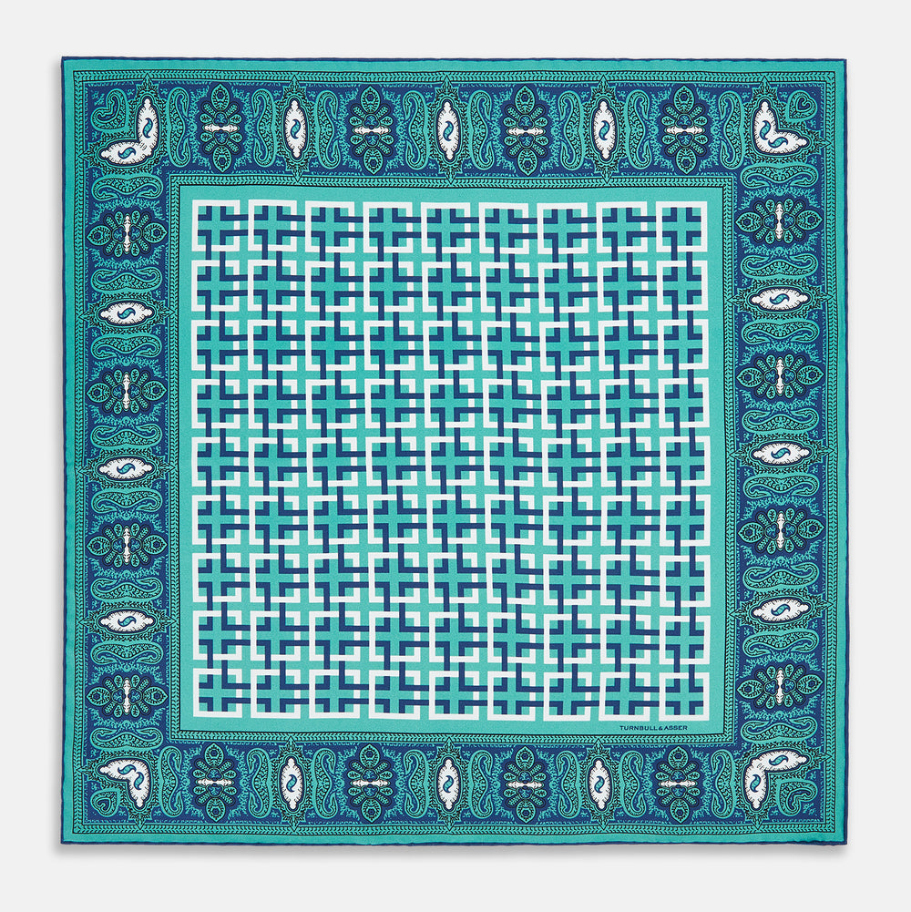 Turquoise Square-Patterned and Paisley Silk Pocket Square
