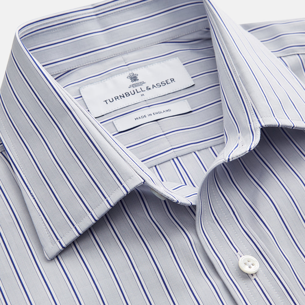 Turnbull & Asser Navy & Blue Stripe Weekend Fit Shirt, featuring a Derby collar, single button cuffs, and a chest pocket, laid flat on a white background.