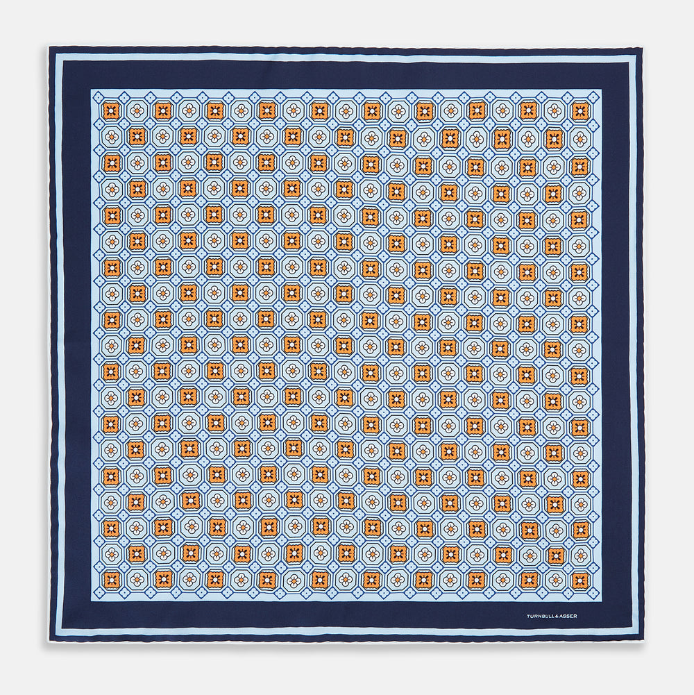 Blue Floral Tile Silk Pocket Square
