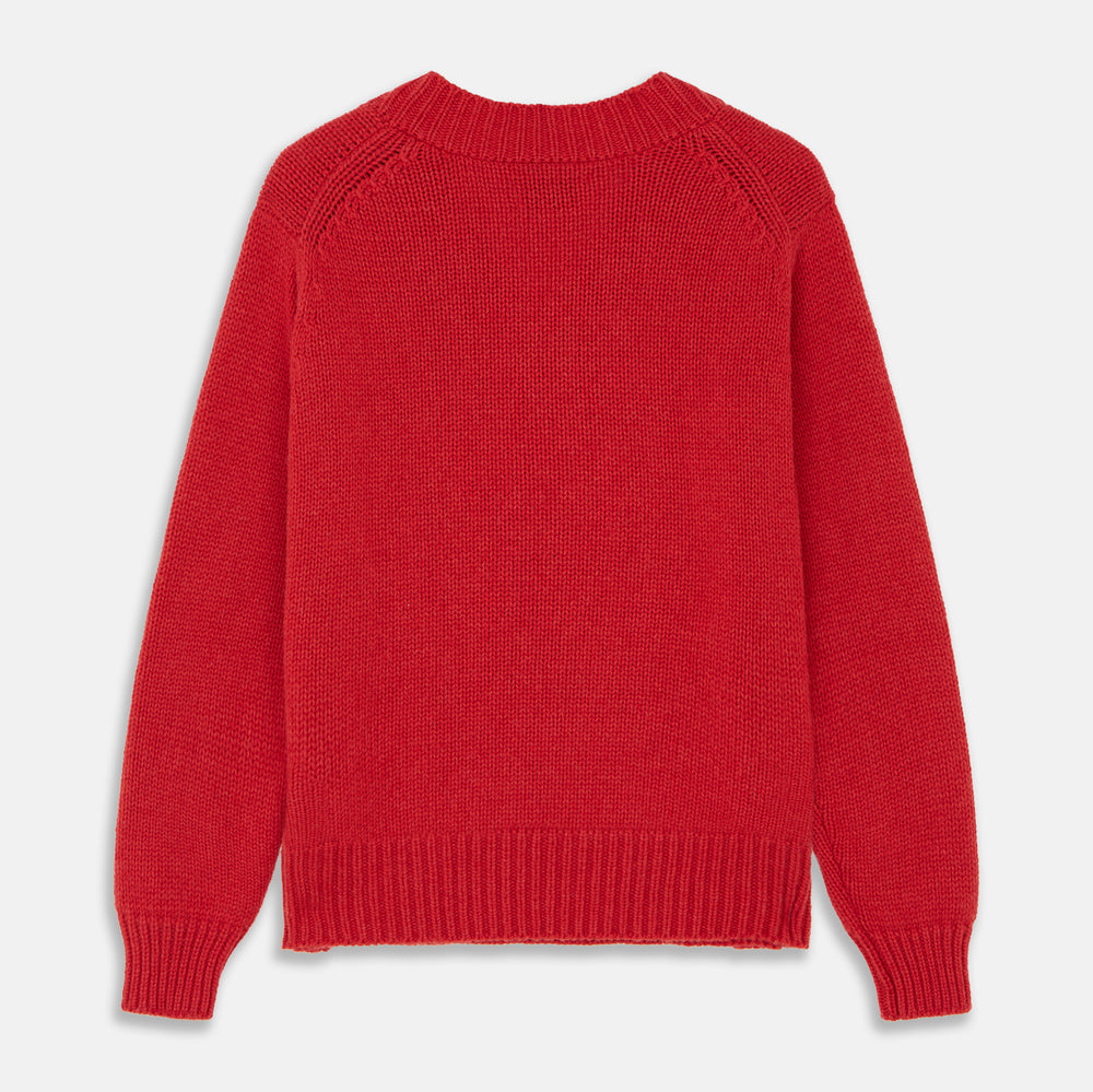 The Turnbull & Asser Raspberry Red Cashmere Edwards V-Neck Sweater features long sleeves, ribbed cuffs and hem, and is shown laid flat on a white background.