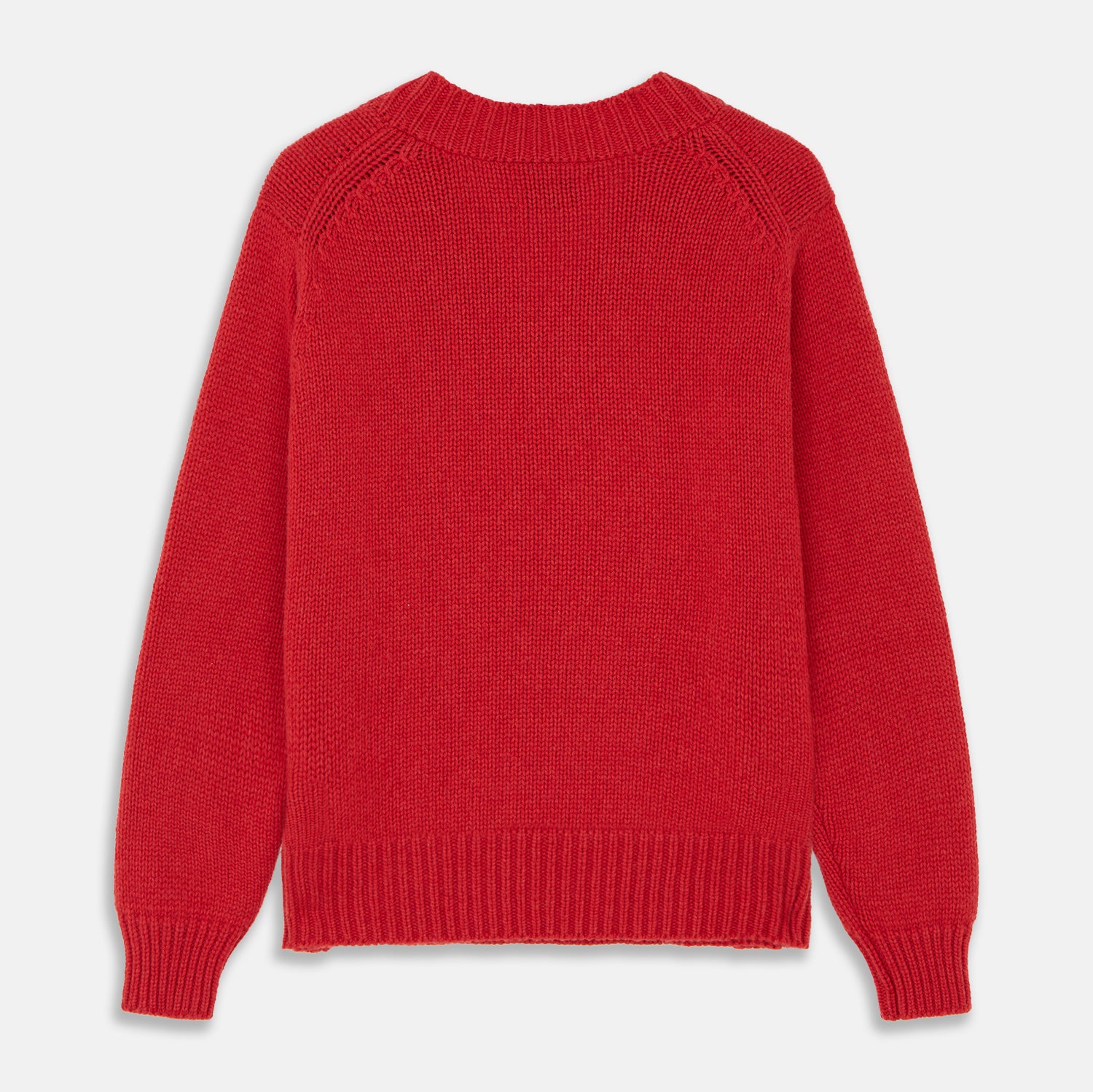 View 5 of product The Turnbull & Asser Raspberry Red Cashmere Edwards V-Neck Sweater features long sleeves, ribbed cuffs and hem, and is shown laid flat on a white background.