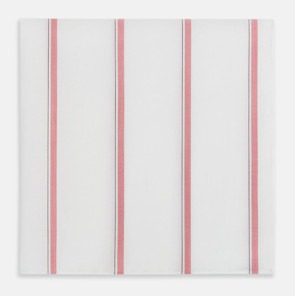 The Turnbull & Asser Coral Track Stripe Hand-Rolled Handkerchief features evenly spaced vertical coral stripes bordered by thin gray lines, finished with hand-rolled edges and displayed neatly folded on a white background.