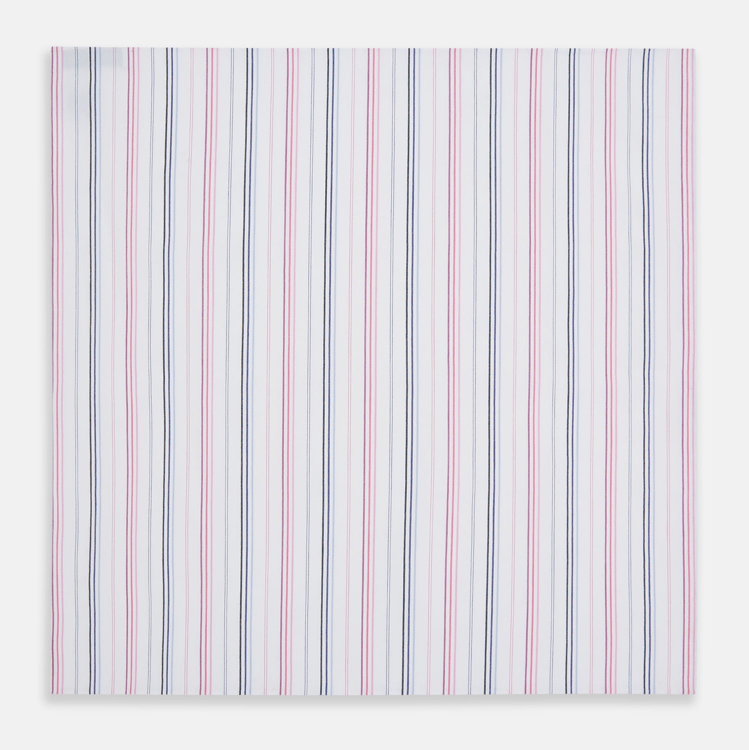 View 3 of product The Turnbull & Asser Hand Rolled Pink and Blue Multi Stripe Handkerchief features evenly spaced vertical stripes on white—a refined pocket square and essential gentleman's accessory.