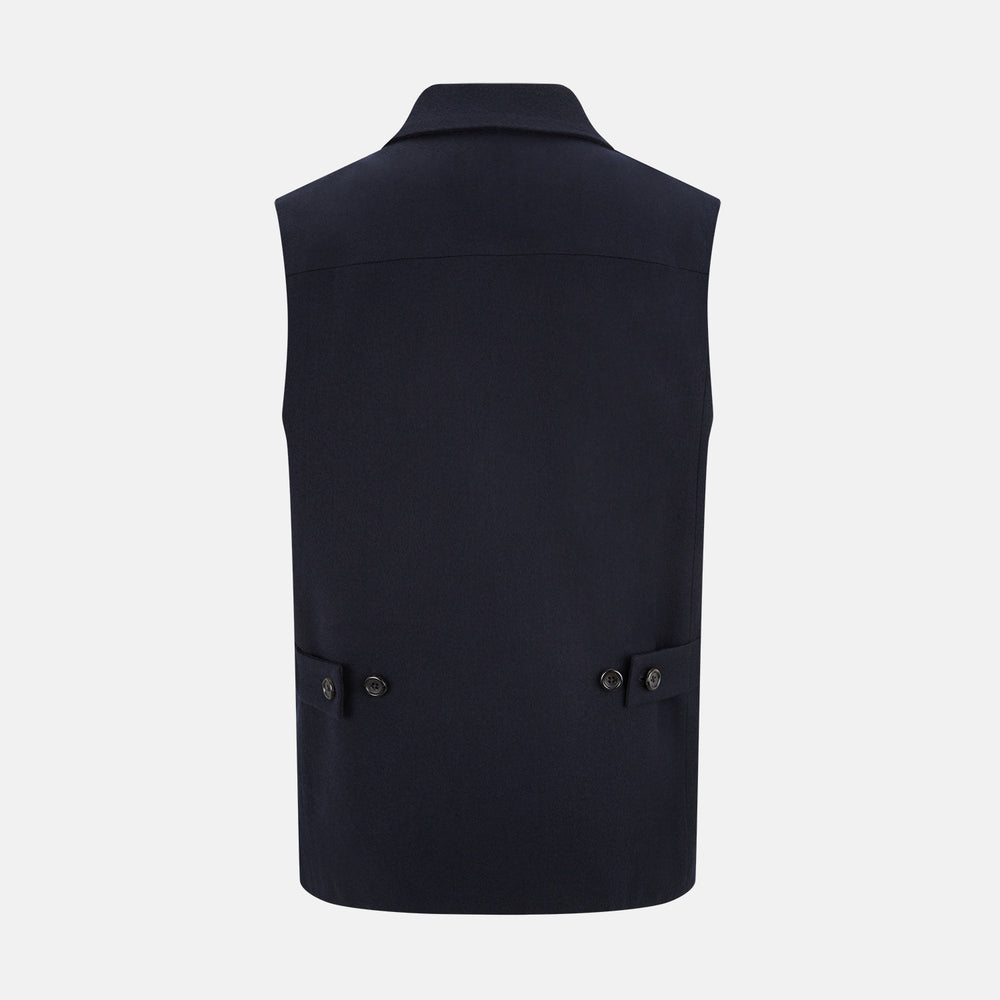 The Turnbull & Asser Navy Collared Single-breasted Waistcoat features a sleeveless design, wool-cashmere blend, two zippered side pockets, and a chest pocket—ideal for upgrading your winter look—shown on a white background.