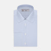 View 1 of product The Turnbull & Asser Light Blue Bengal Stripe Shirt features a classic T&A collar, double cuffs, and white buttons. Made from cotton with blue and white stripes, it's neatly displayed against a plain white background.