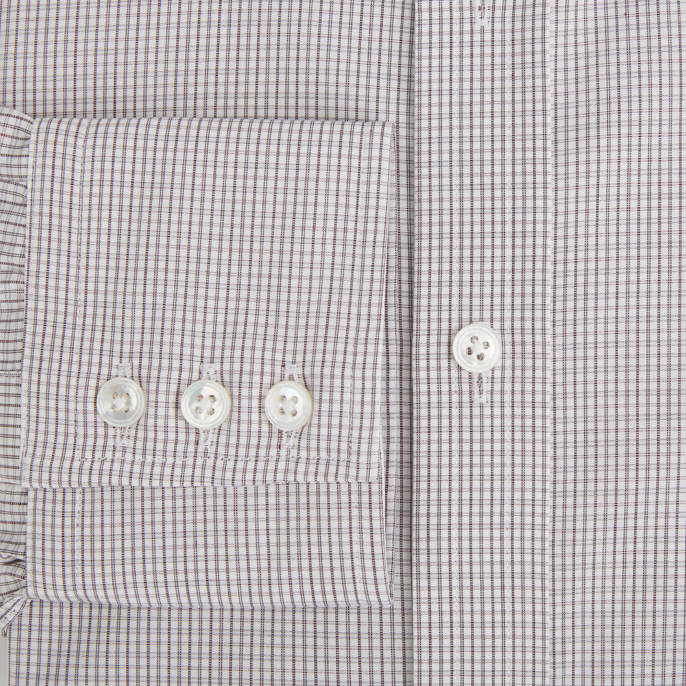 The Turnbull & Asser Burgundy Micro Tattersall Check Mayfair Shirt, crafted from Italian cotton with long sleeves, a button-down front, collar, and buttoned cuffs, is shown on a white background.