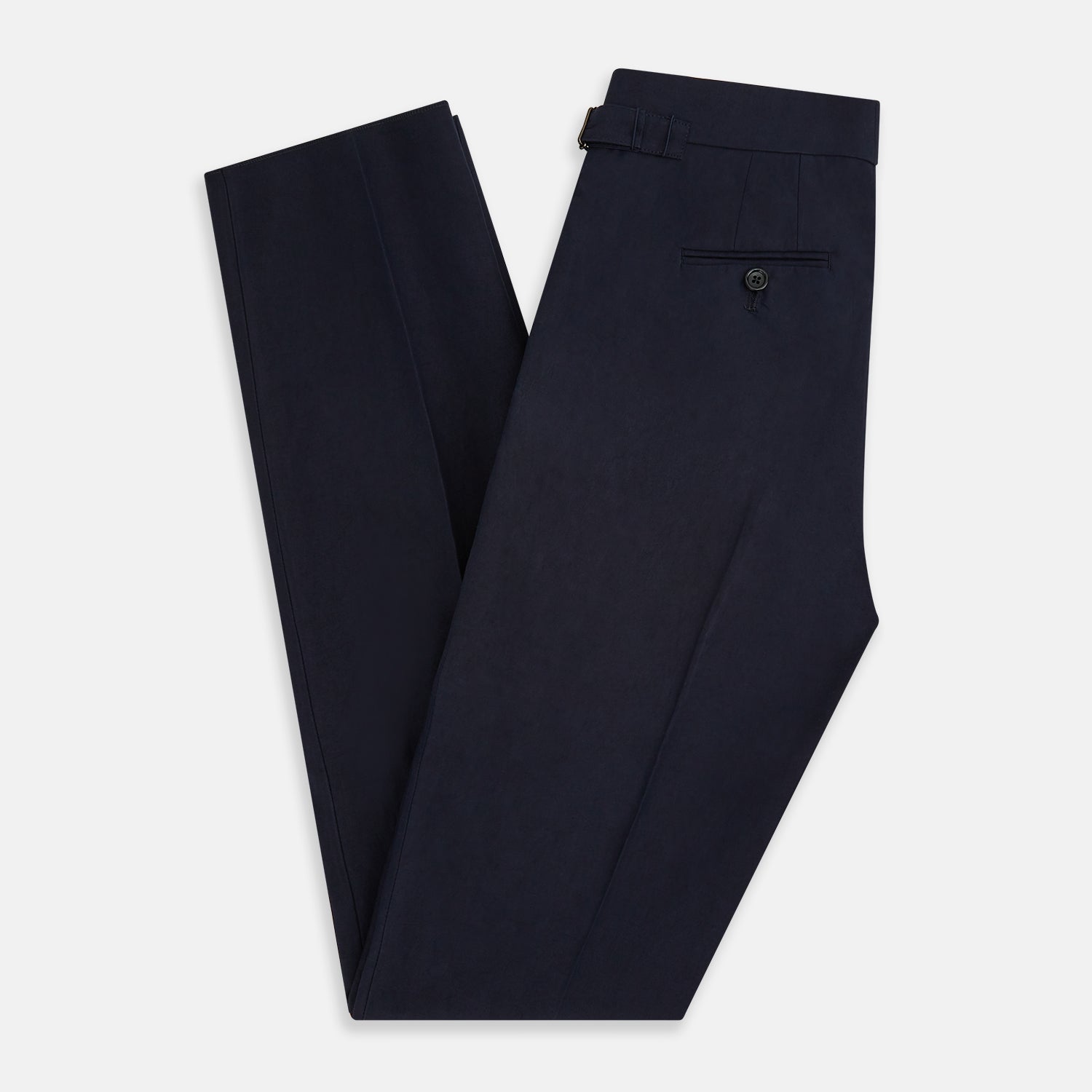 View 6 of product Turnbull & Asser Navy Linen Henry Trousers feature a button closure and pressed front creases, ideal as formal navy trousers, and are shown against a plain white background.
