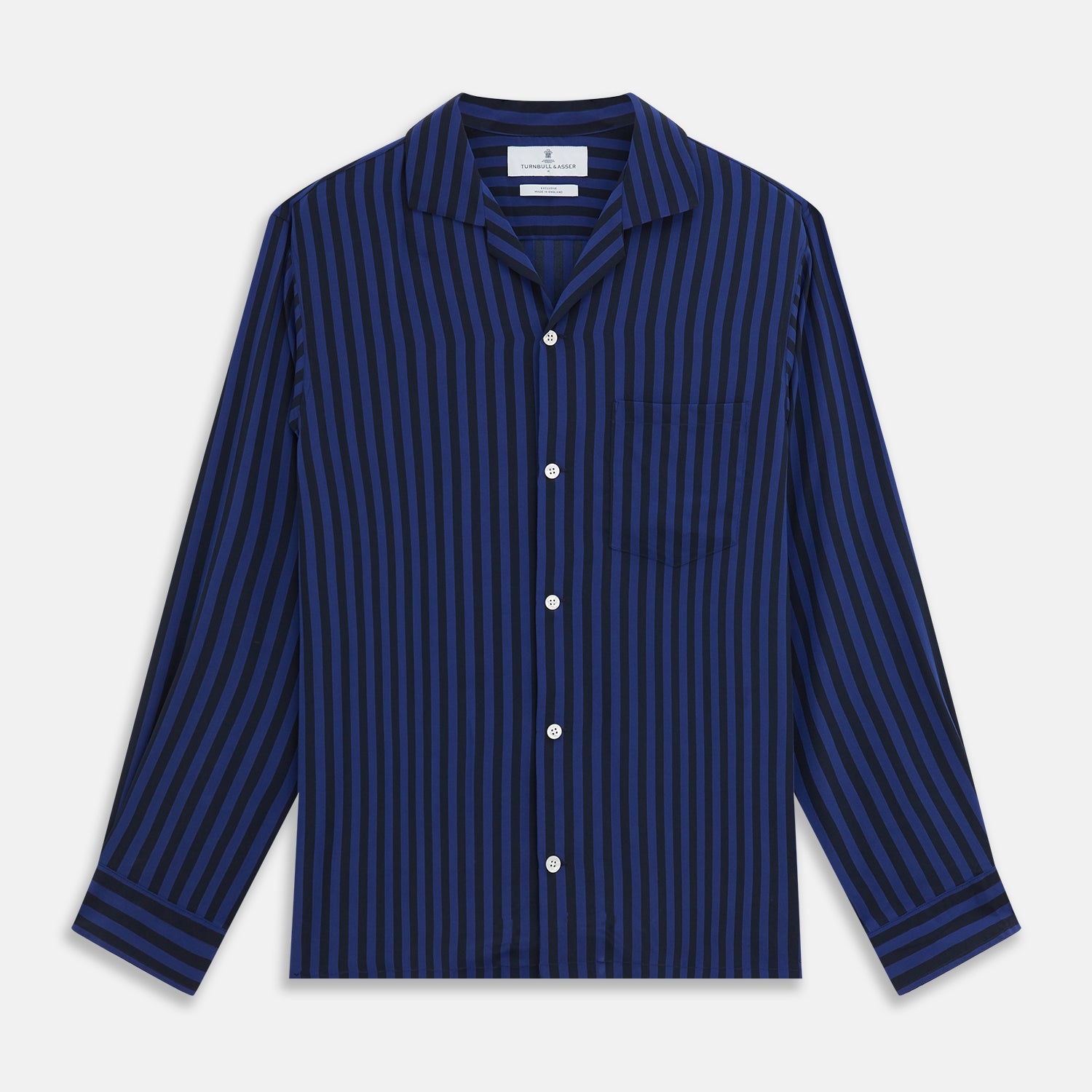 View 1 of product The Turnbull & Asser Navy and Blue Multi Stripe Silk Holiday Fit Winnington Shirt features white buttons, a notched collar, and a chest pocket, shown laid flat on a white background.