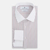 View 5 of product The Red Double Stripe Shirt with contrast T&A collar and cuffs by Turnbull & Asser features classic thin vertical red stripes and solid white collar and cuffs, laid flat on a white background for a timeless look.