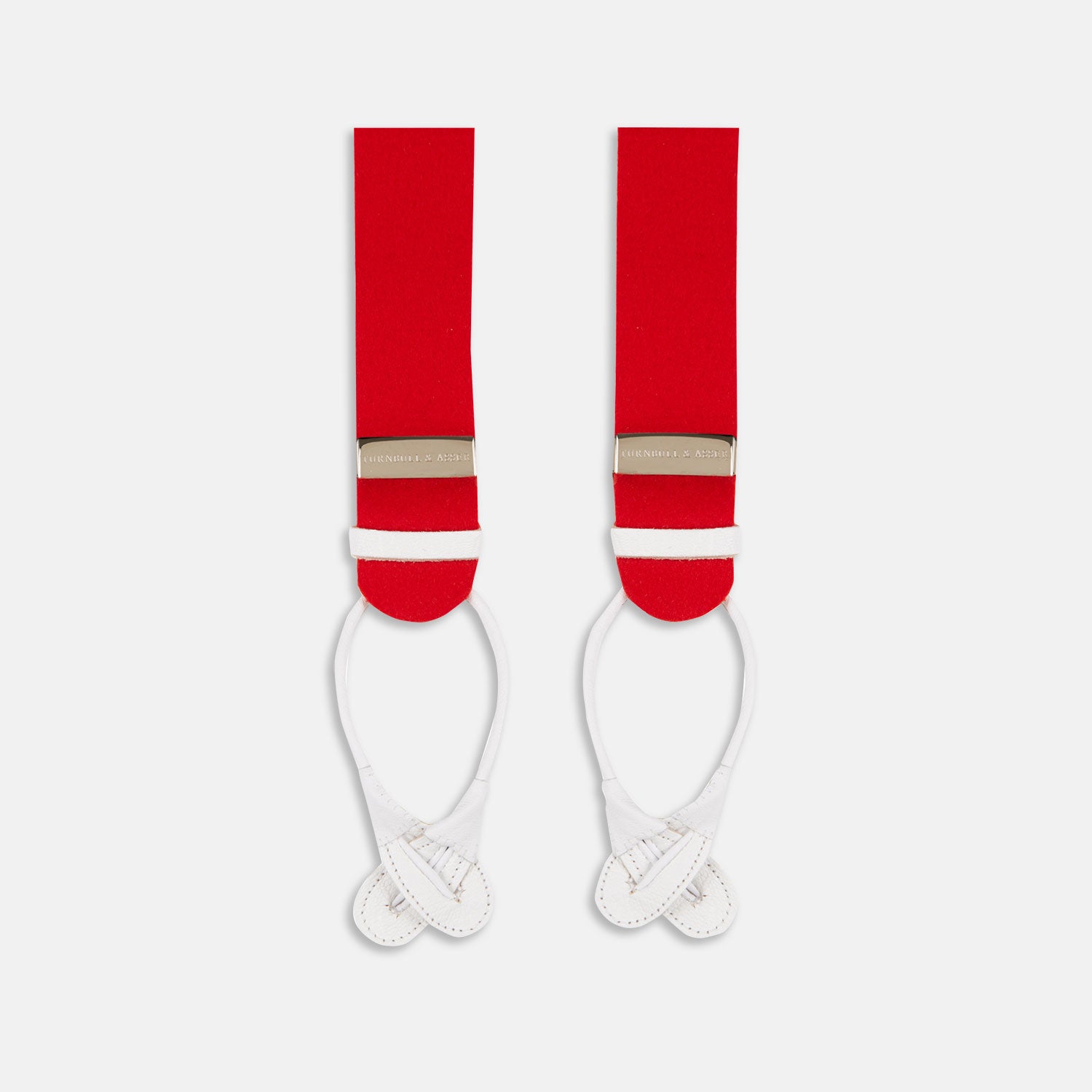 View 1 of product Two Red Adjustable Felt Braces by Turnbull & Asser, featuring white leather ends and silver-tone clasps, made in England from classic boxcloth, are laid flat on a white background.