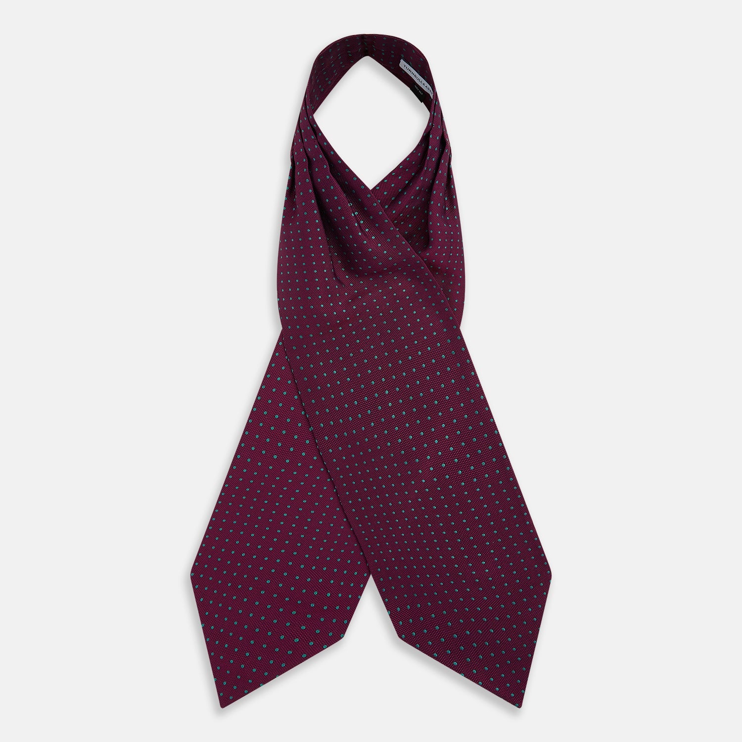Image 3 of product A burgundy pocket square with turquoise polka dots, folded to a point—an ideal men's formal accessory to complement the Green Micro Dot and Magenta Silk Cravat by Turnbull & Asser.