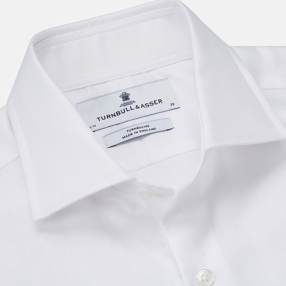 White Herringbone Tailored Fit Shirt With Kent Collar