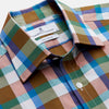 View 2 of product The Turnbull & Asser Green and Pink Multi-check Cotton Blend Regular Fit Mayfair Shirt features a classic T&A collar, white buttons, and an olive green, blue, white, and pink plaid pattern.