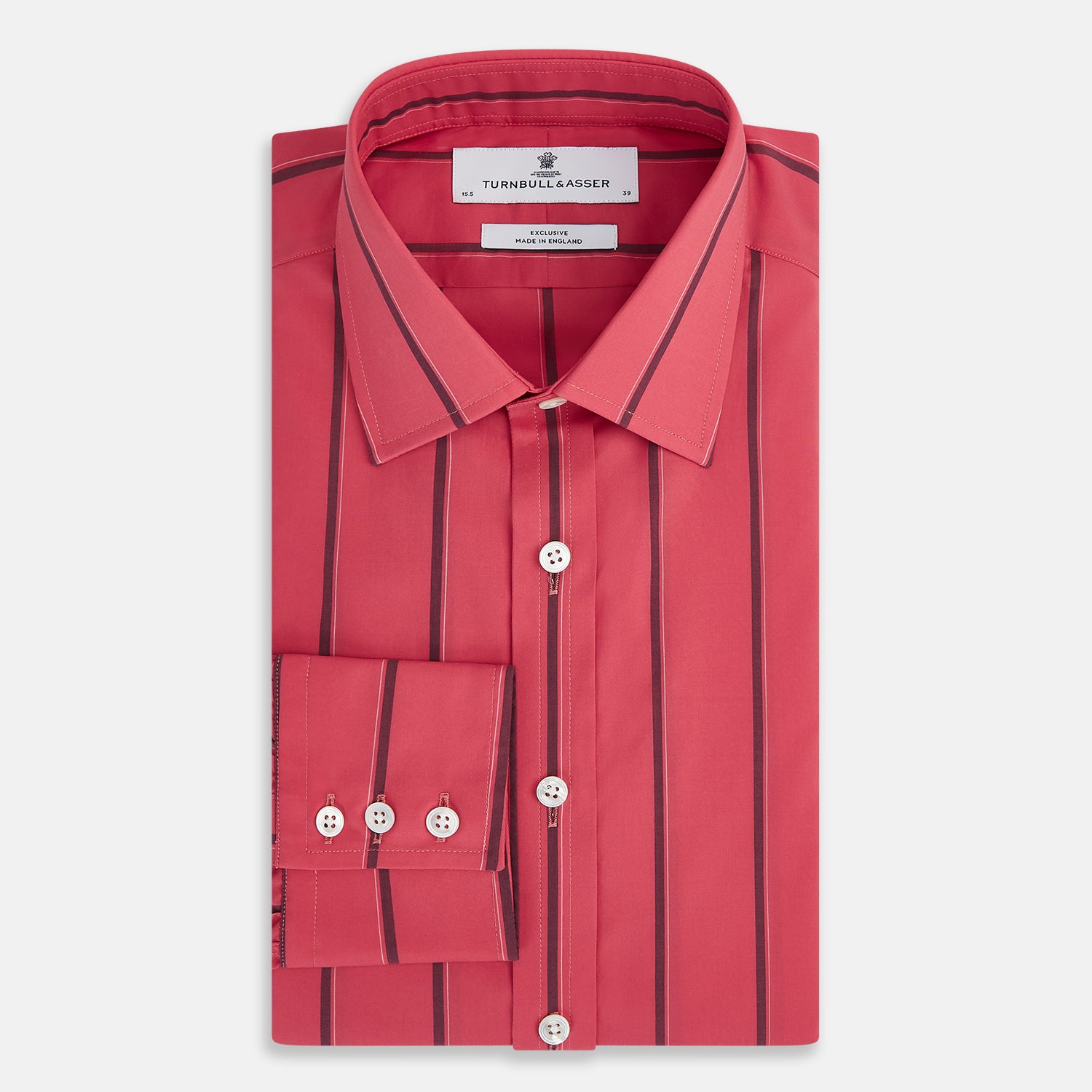 View 5 of product The Coral Red Track Stripe Mayfair Shirt by Turnbull & Asser features long sleeves, button-up front, a classic T&A collar, and buttoned cuffs in vibrant Italian cotton with vertical black pinstripes, shown on a plain white background.