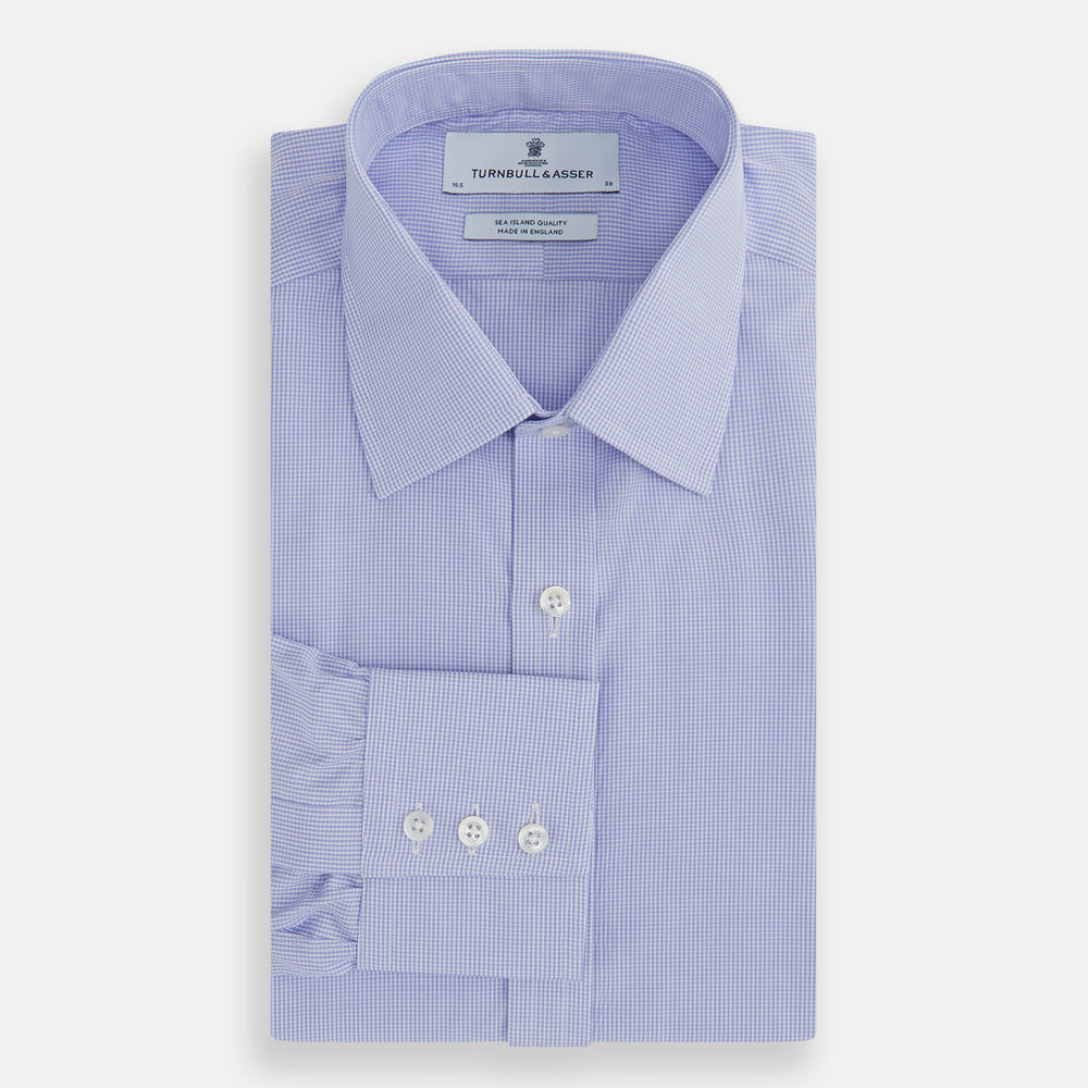 Blue Fine Check Sea Island Quality Cotton Shirt with T&A Collar and 3-Button Cuffs