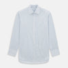 View 1 of product The Turnbull & Asser Navy and Blue Shadow Stripe Mayfair Shirt, featuring a classic T&A collar and buttoned cuffs, is laid flat on a white background.