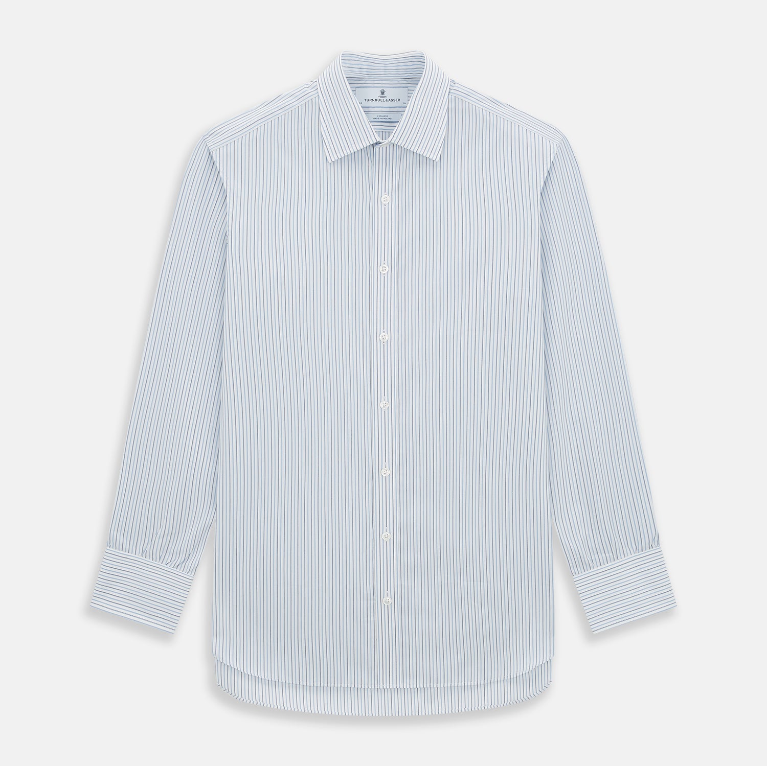 View 1 of product The Turnbull & Asser Navy and Blue Shadow Stripe Mayfair Shirt, featuring a classic T&A collar and buttoned cuffs, is laid flat on a white background.