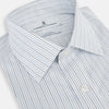 View 2 of product The Navy and Blue Pinstripe Mayfair Shirt by Turnbull & Asser, featuring a classic collar and crafted from premium Italian cotton, is shown against a white background.