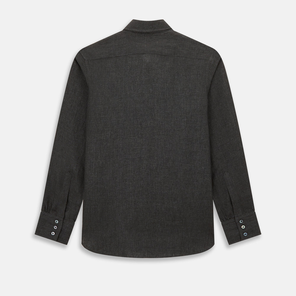The Ash Linen Windsor Shirt by Turnbull & Asser is a long-sleeve, button-up black shirt with a Windsor collar and cuffs, reflecting British craftsmanship, shown on a plain white background.