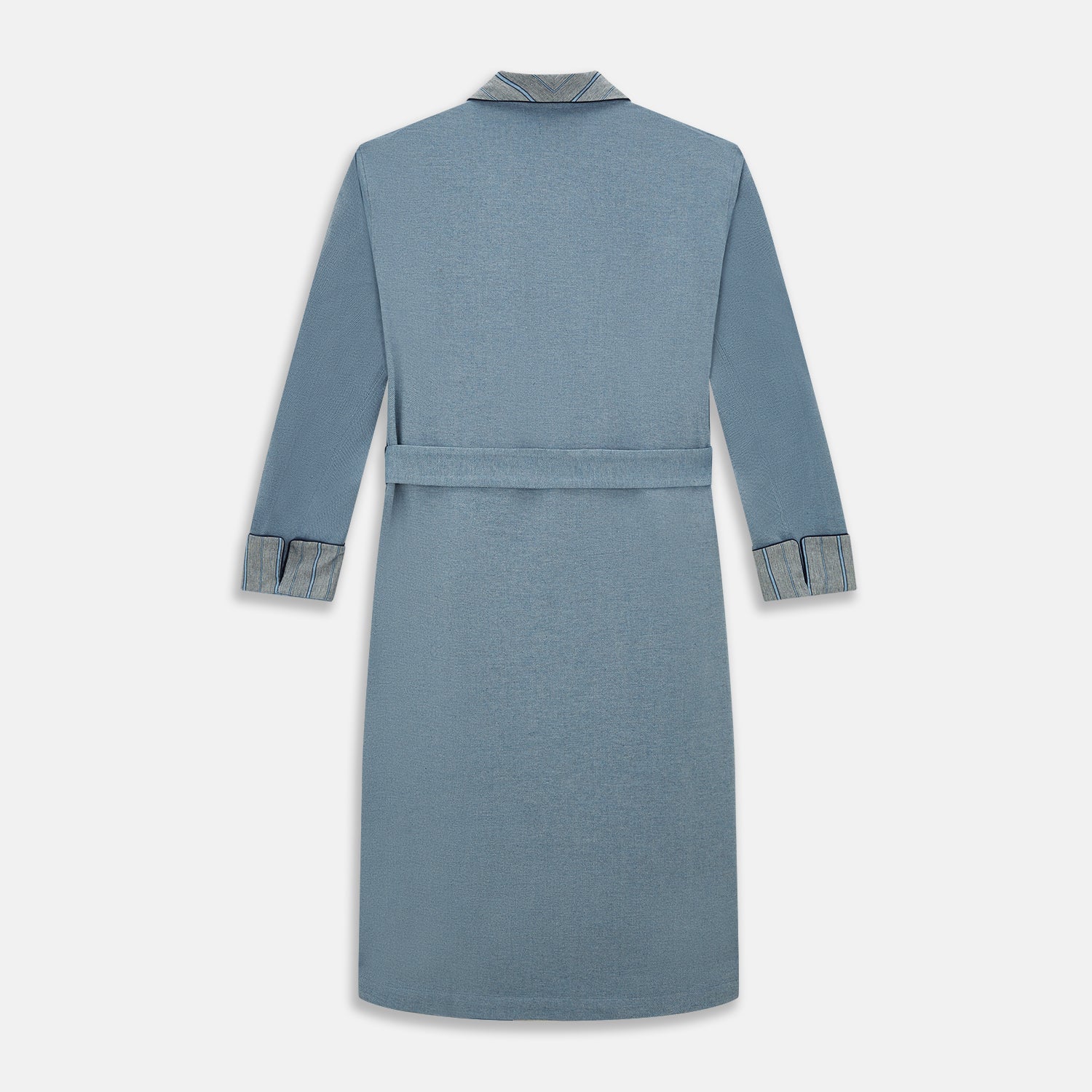 View 3 of product The Turnbull & Asser Blue Stripe Collar Cotton Twill Gown features a light blue hue, striped collar and cuffs, long sleeves, patch pockets, and a matching belt for elevated home comfort. Shown on a white background.