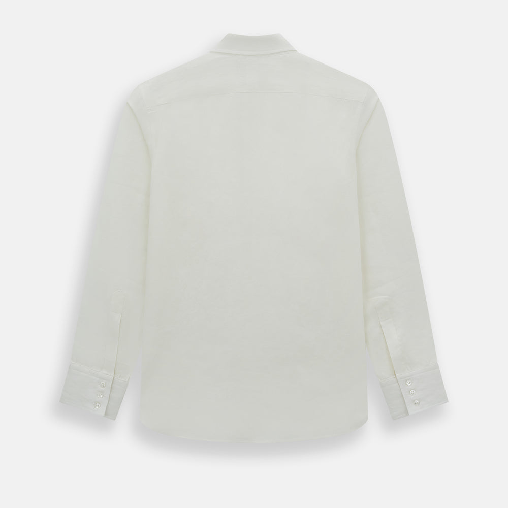 The Vanilla Linen Westminster Shirt by Turnbull & Asser is a long-sleeve, white button-up with a Turnbull collar, buttoned cuffs, and straight hem, highlighting British craftsmanship against a plain white background.