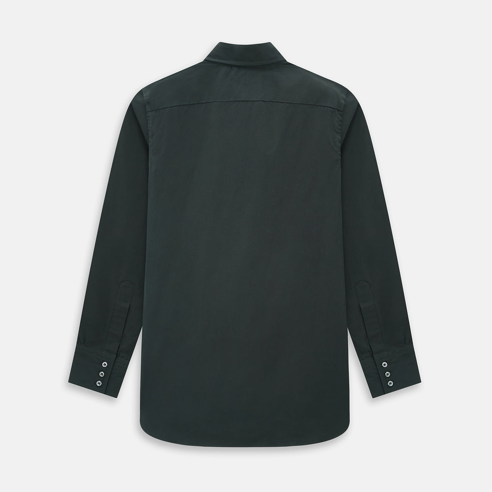 The FOREST GREEN WINDSOR SHIRT by Turnbull & Asser features long sleeves, a Windsor collar, and buttoned cuffs, reflecting British craftsmanship. Displayed on a plain white background.