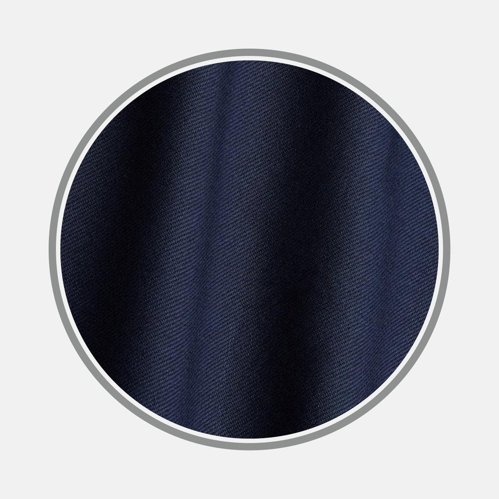 Close-up of BESPOKE FABRIC 1192 06 by Turnbull & Asser—dark navy with a subtle diagonal weave—shown in a circular frame with gray outline, ideal for custom shirts or monogram designs on a light gray background.