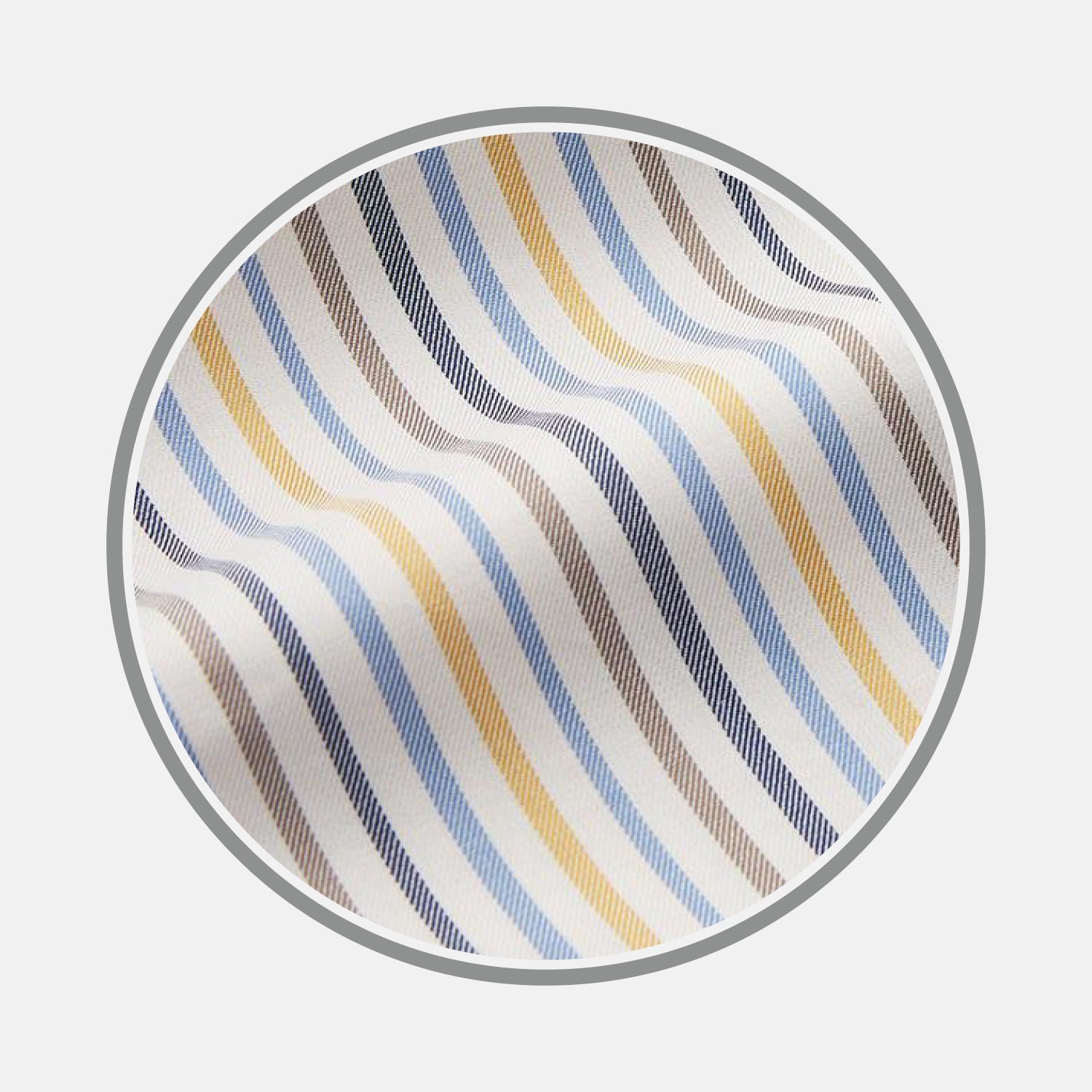 View 1 of product Close-up of Turnbull & Asser BESPOKE FABRIC 1259 35 shows light blue, brown, yellow, and white diagonal stripes on a soft, slightly textured material—perfect for custom shirts—with gentle folds and subtle shadows.