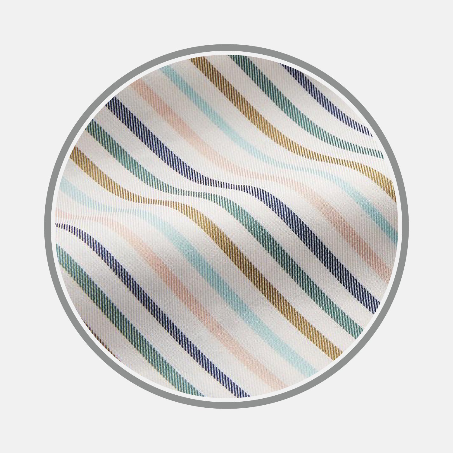 View 1 of product A close-up of Turnbull & Asser's BESPOKE FABRIC 1259 39, featuring diagonal pastel stripes—pink, green, blue, yellow, and navy—in a circular frame on white. Perfect for custom shirts and monogram designs.