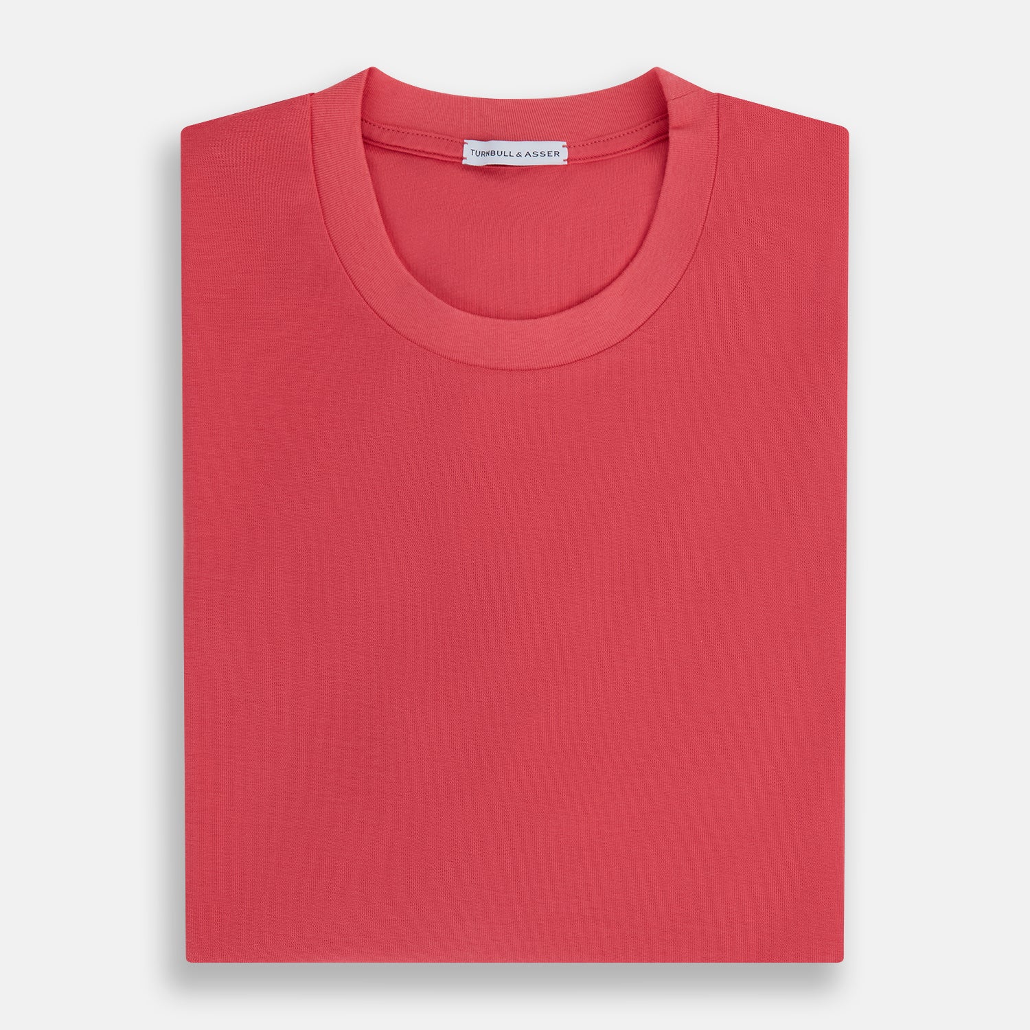 View 5 of product The Turnbull & Asser Honeysuckle Short-Sleeve T-shirt is shown on a white background. This high-quality red tee features a plain design with short sleeves and a crew neckline, offering versatile, logo-free style.