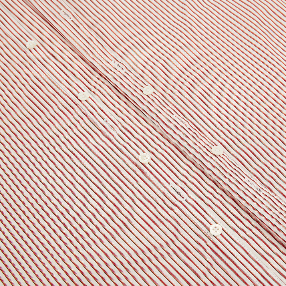 The Red Shadow Stripe Westminster Shirt by Turnbull & Asser features long sleeves, a Turnbull collar, thin red and white vertical stripes, white buttons, and showcases British craftsmanship against a plain white background.