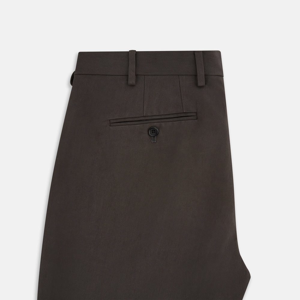 A pair of moss green Henry B trousers by Turnbull & Asser, crafted from Italian cotton with a straight-leg cut, belt loops, and a flat front, displayed against a plain white background.