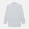 View 3 of product The Turnbull & Asser Sky Blue Combination Stripe Mayfair Shirt features long sleeves, a T&A collar, buttoned cuffs, and thin vertical stripes in blue, shown on a plain white background.