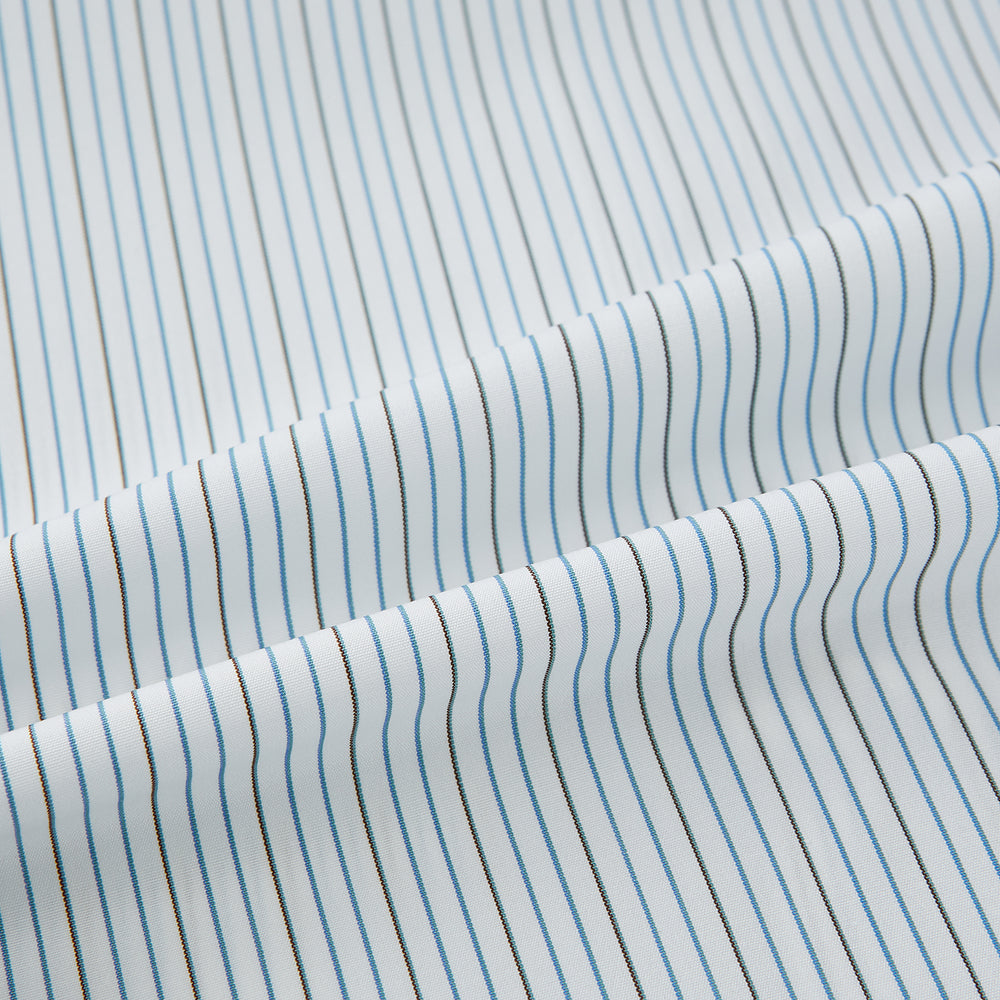 The Navy and Brown Pinstripe Mayfair Shirt by Turnbull & Asser, crafted from Italian cotton with long sleeves, a collar, and buttoned cuffs, is displayed on a plain white background.