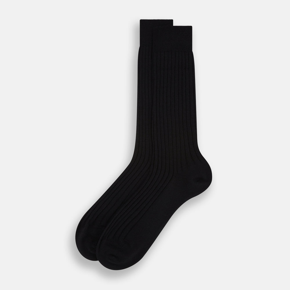A single Turnbull & Asser Black Wool Mid-Length Sock is displayed on a plain white background, angled to reveal its full length from toe to cuff.