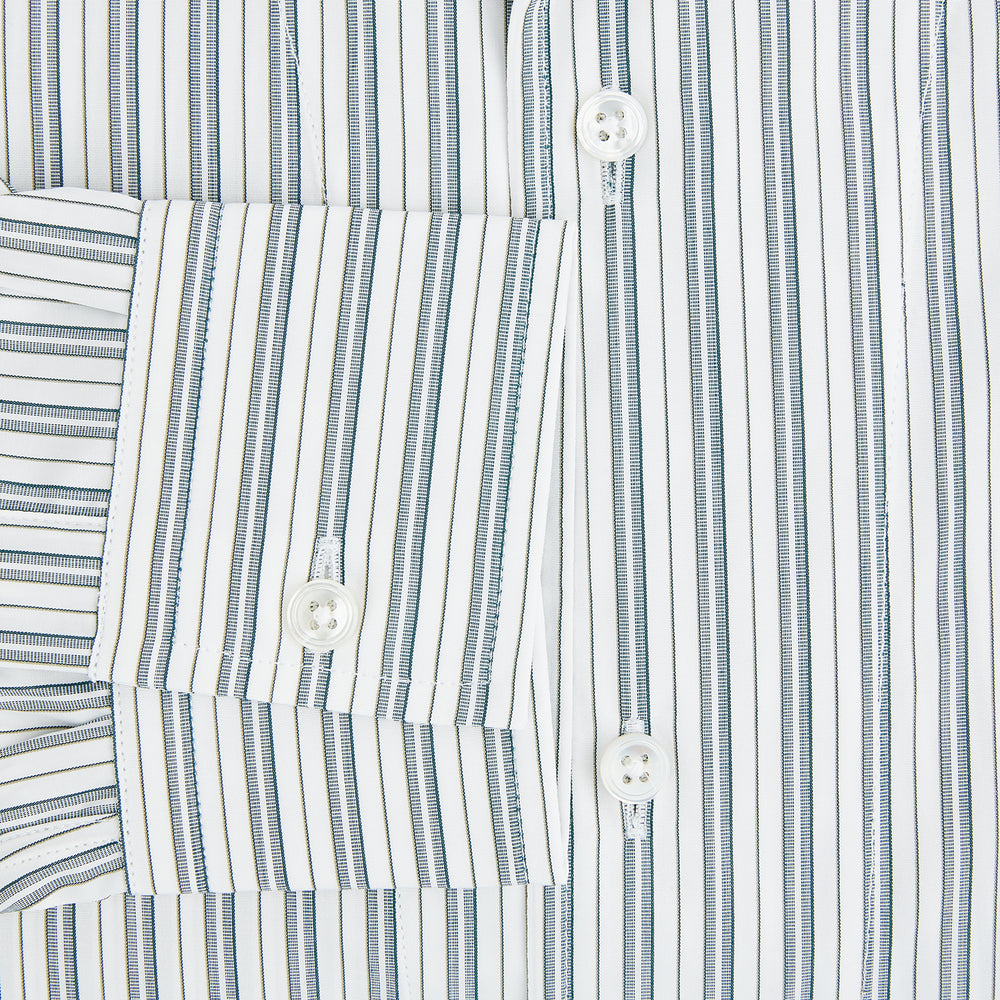 The Green Double Stripe Quarzo Nightshirt by Turnbull & Asser is a relaxed-fit, long-sleeve, knee-length Italian cotton shirt dress with a collar, partial button-down front, chest pocket, and buttoned cuffs in green and white stripes.